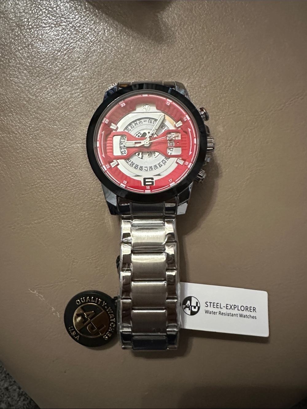 Men’s Stainless Steel Watch with Red Dial